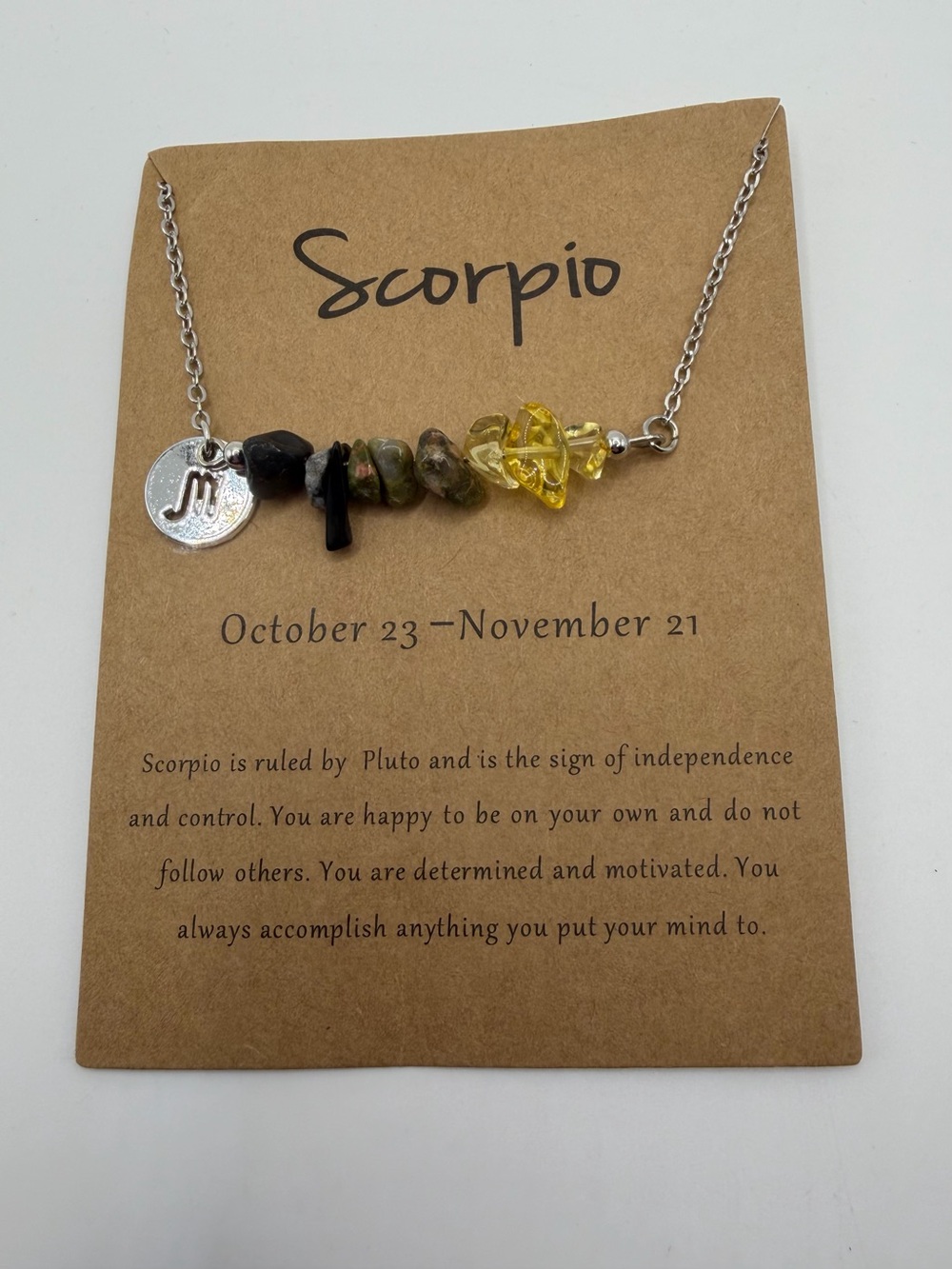 Zodiac Necklace with Yellow and Green Beads Scorpio